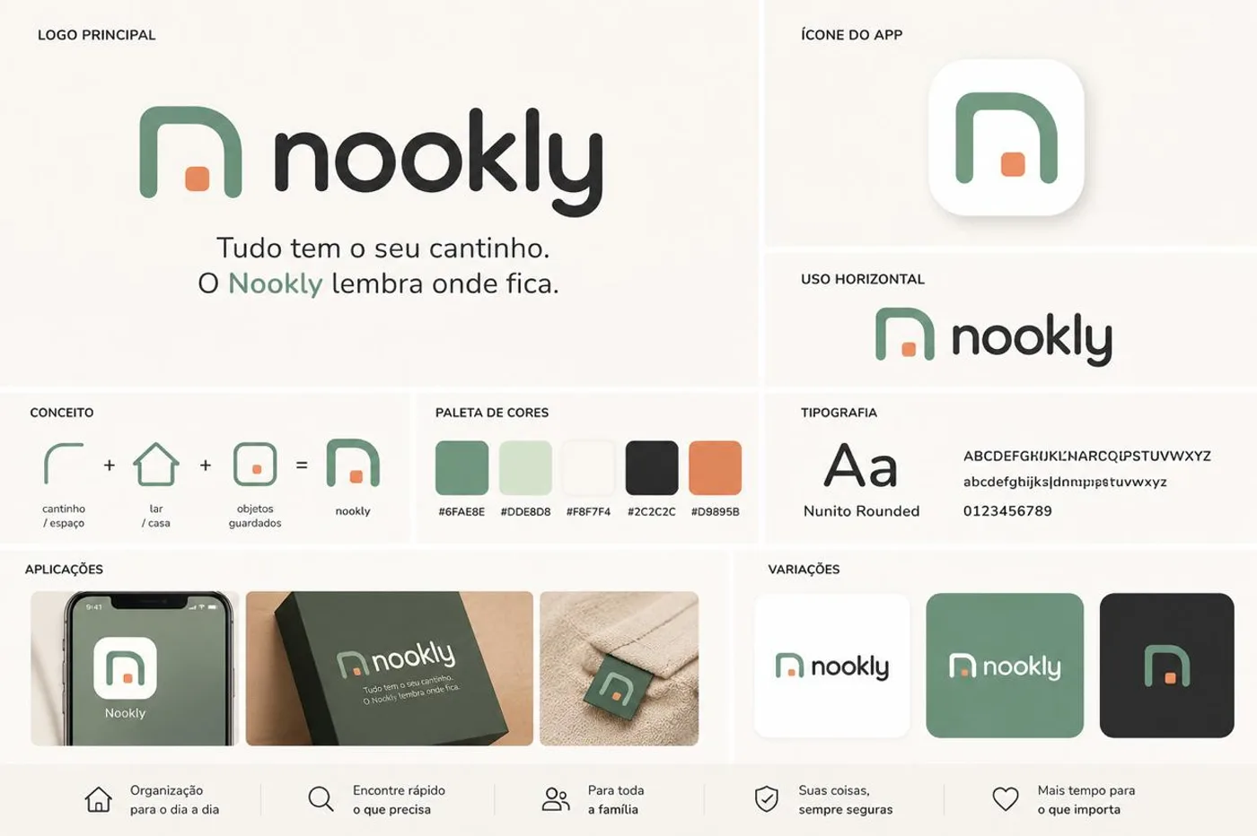 Apresentação da identidade visual do Nookly: logo principal, ícone do app, conceito, paleta de cores, tipografia e aplicações da marca